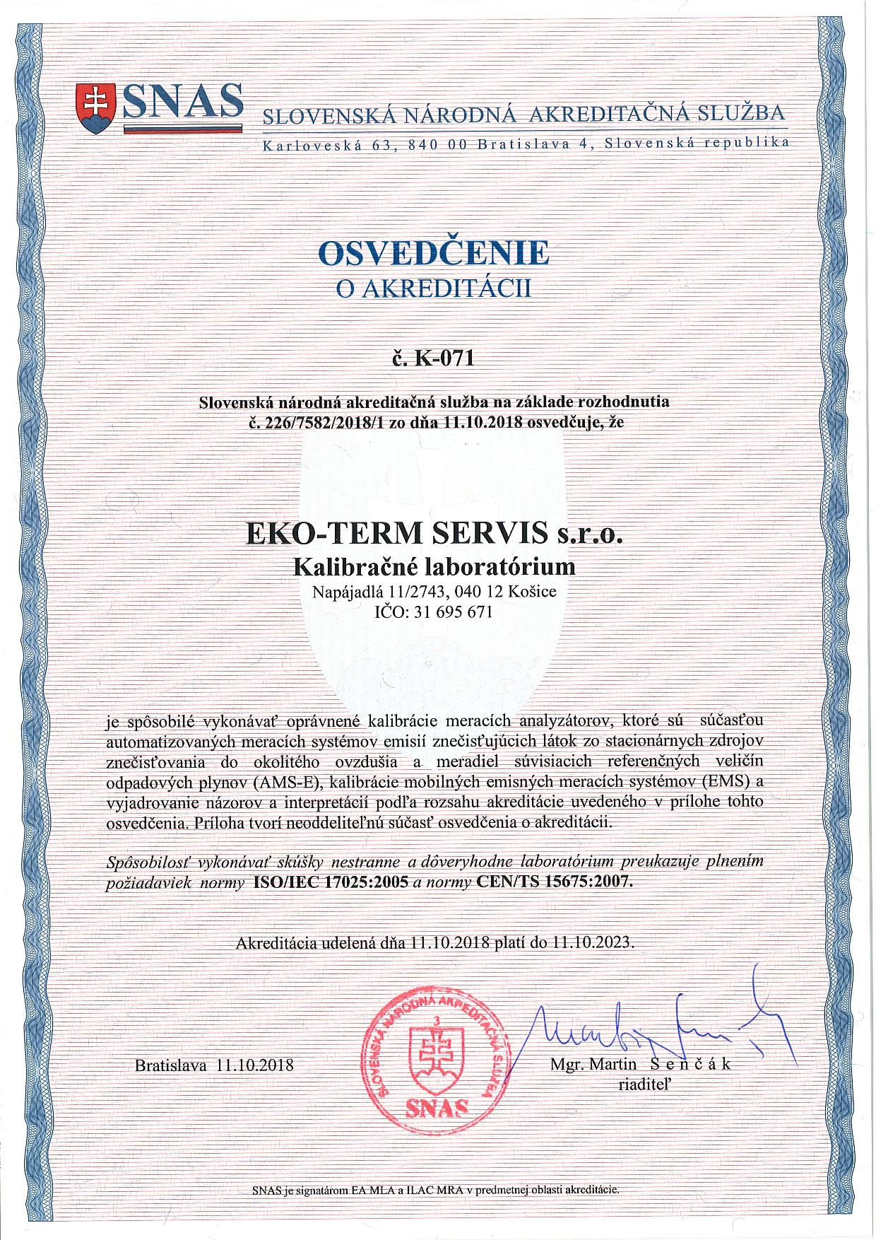 Osvedčenie o akreditácii č. K-071