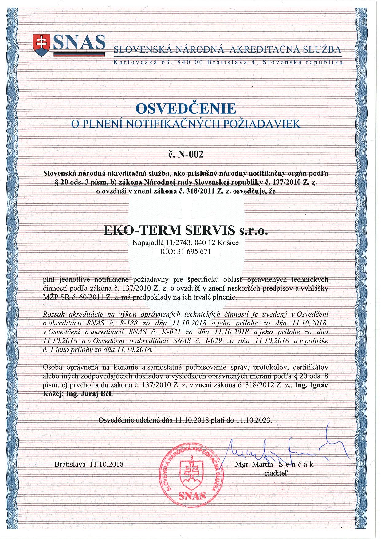 Osvedčenie o plnení notifikačných požiadaviek č. N-002