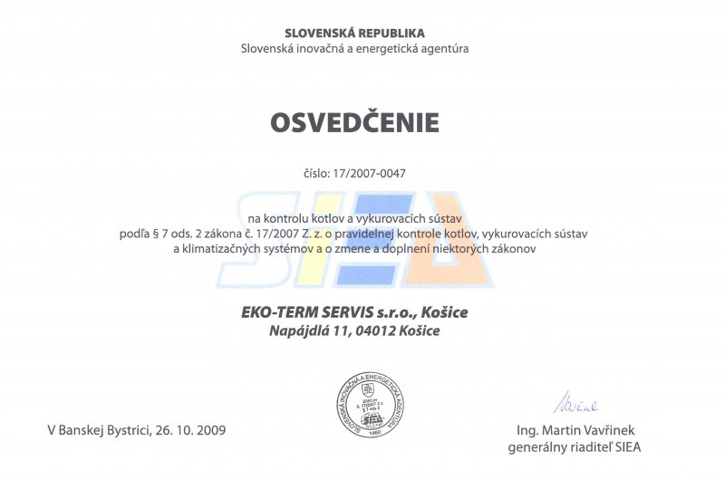 Osvedčenie na kontrolu kotlov a vykurovacích sústav