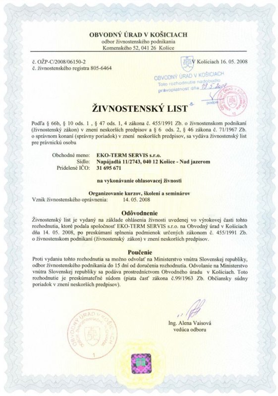 Živnostenský list č. OŽP-C/2008/06150-2