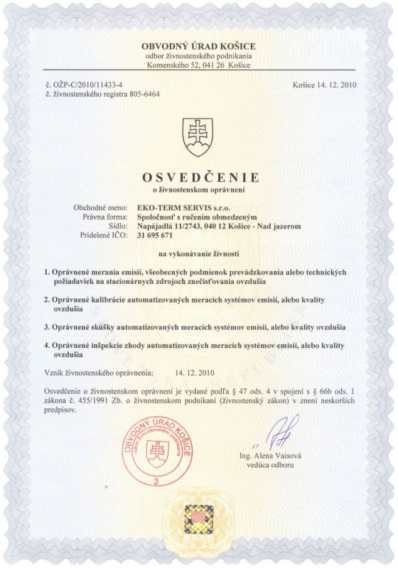 Osvedčenie o živnostenskom oprávnení č. OŽP-C/2010/11433-4